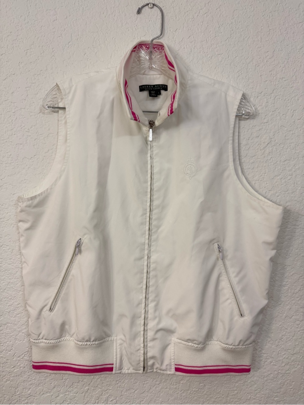 Lauren Ralph Lauren White Sleeveless Zip-Front Vest with Pink Trim